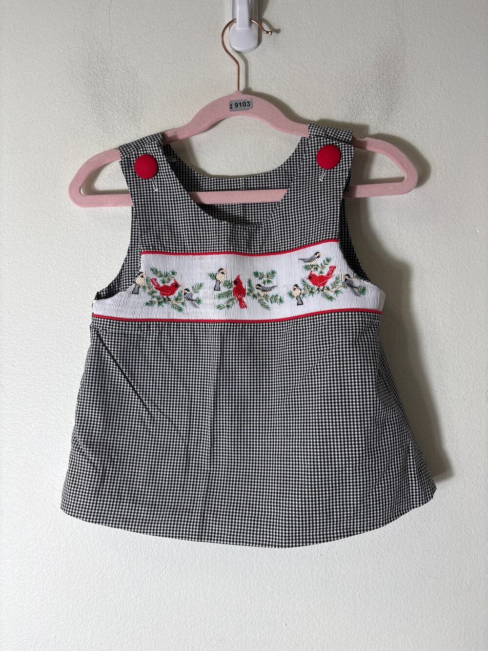 Girls Vintage Beaux et Belles Black and white check smocked Top w Cardinals sz 3